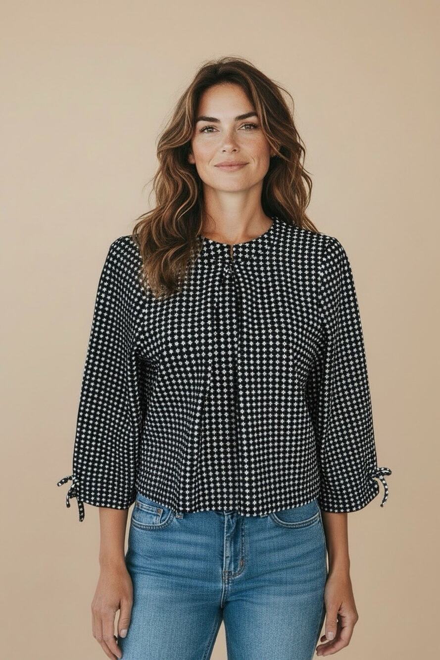 Talbots Petites Black White Check Bows Blouse Top Stretch Sweater 3/4 Sleeve LP